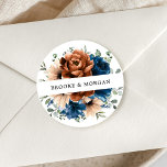 Terracotta Navy Blue Greenery Wedding Thank you Classic Round Sticker<br><div class="desc">Elegant Navy blue,  Terracotta ,  Orange earthy floral theme bridal shower thank you sticker featuring elegant bouquet of Navy blue,  Terracotta color roses peonies  and green eucalyptus leaves. Please contact me for any help in customization or if you need any other product with this design.</div>