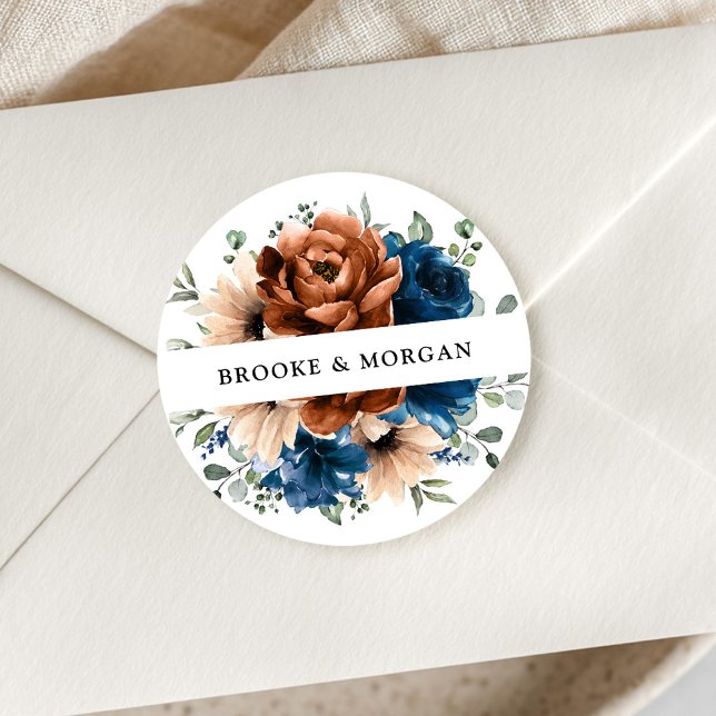 Terracotta Navy Blue Greenery Wedding Thank you Classic Round Sticker (Terracotta Navy Blue Greenery Wedding Thank you Classic Round Sticker)
