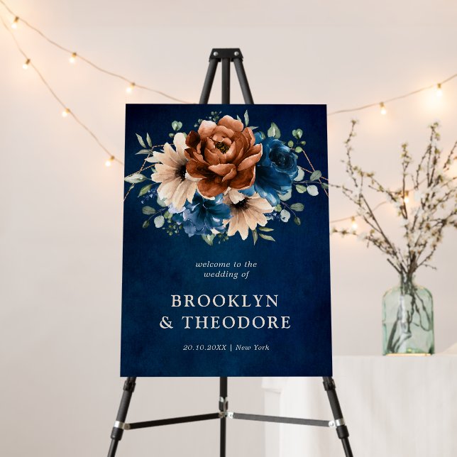 Terracotta Navy Blue Greenery Wedding Welcome Foam Board (In Situ (Stand))