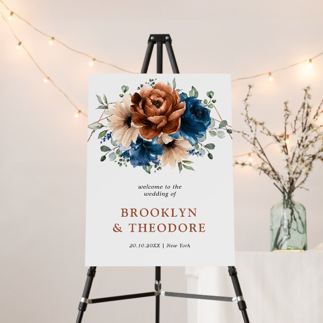 Terracotta Navy Blue Greenery Wedding Welcome Foam Board (In Situ (Stand))
