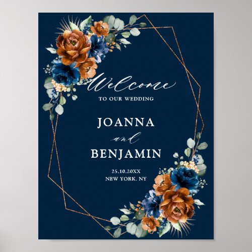 Terracotta Navy Blue Greenery Wedding Welcome Post Poster