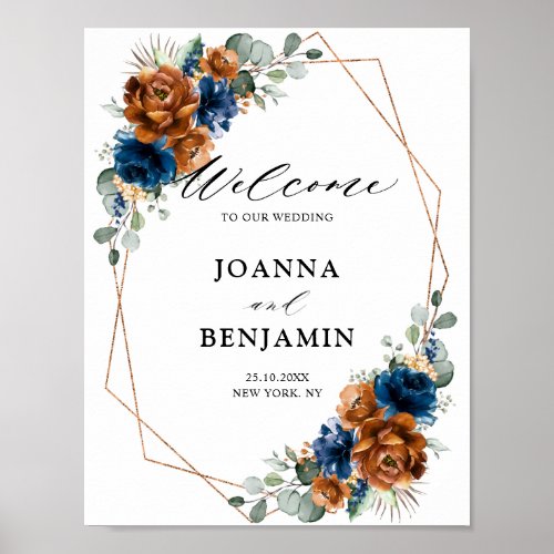 Terracotta Navy Blue Greenery Wedding Welcome Poster