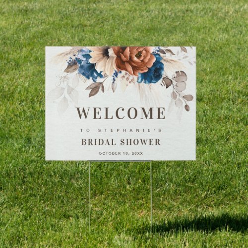 Terracotta Navy Blue Pampas Bridal Shower Welcome Sign