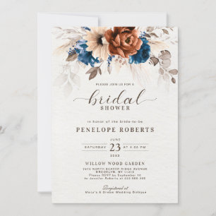 Terracotta Navy Blue Pampas Grass Bridal Shower Invitation