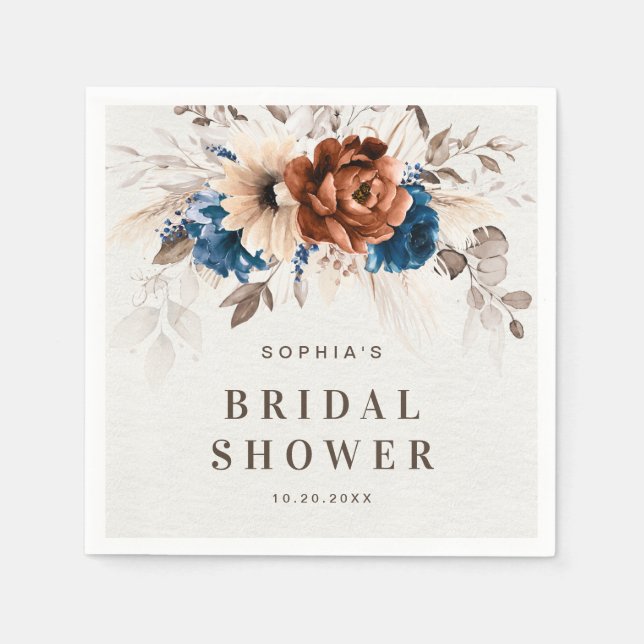 Terracotta Navy Blue Pampas Grass Bridal Shower Napkins (Front)
