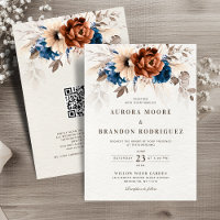 Terracotta Navy Blue Pampas Grass QR Code Wedding
