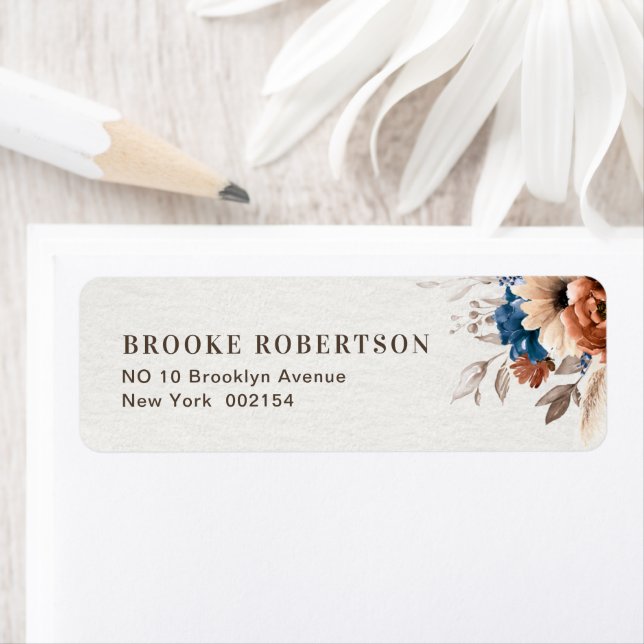 Terracotta Navy Blue Pampas Grass Return Address Label (Insitu)