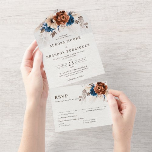 Terracotta Navy Blue Pampas Grass Rustic Wedding All In One Invitation