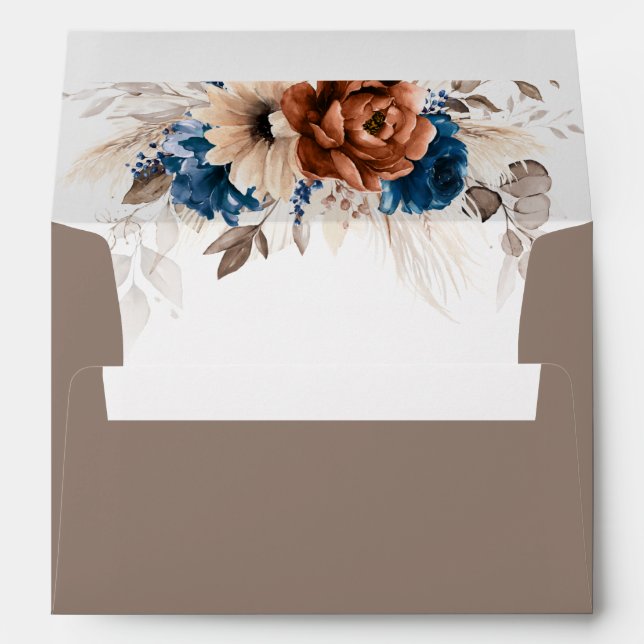 Terracotta Navy Blue Pampas Grass Rustic Wedding Envelope (Back (Bottom))