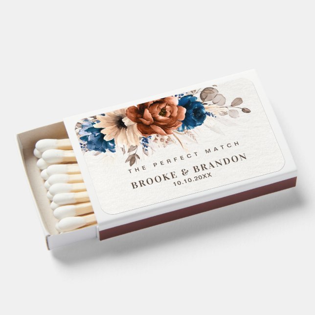 Terracotta Navy Blue Pampas Grass Rustic Wedding Matchboxes (Front Open)