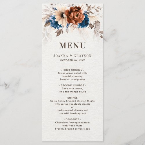 Terracotta Navy Blue Pampas Grass Rustic Wedding Menu