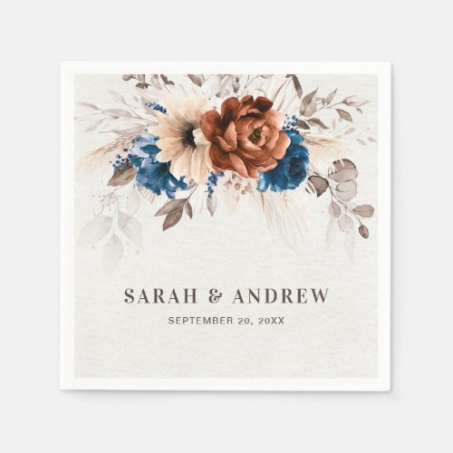 Terracotta Navy Blue Pampas Grass Rustic Wedding Napkins