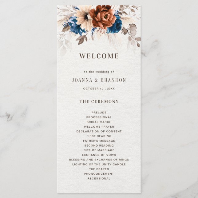 Terracotta Navy Blue Pampas Grass Rustic Wedding Program (Front)