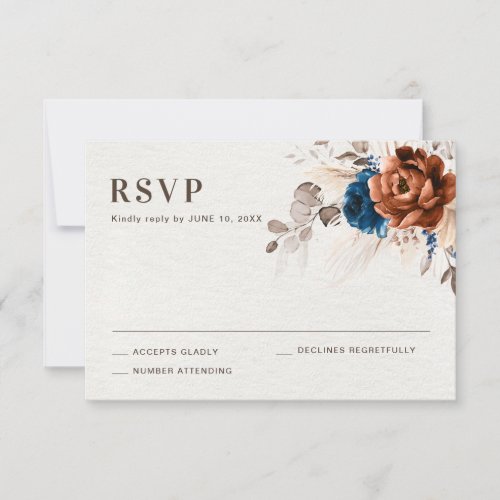 Terracotta Navy Blue Pampas Grass Rustic Wedding RSVP Card