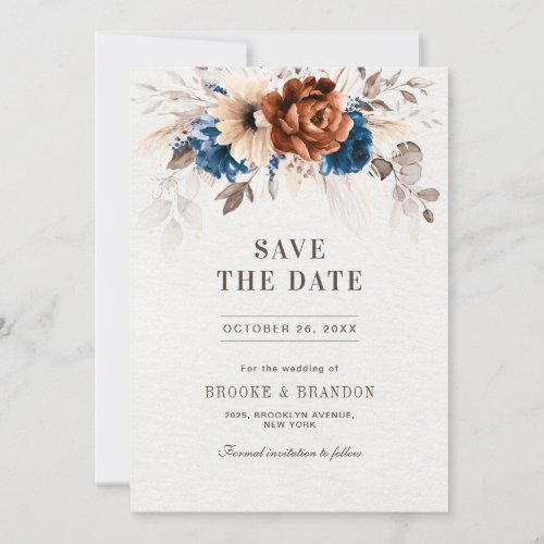 Terracotta Navy Blue Pampas Grass Rustic Wedding Save The Date