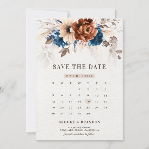 Terracotta Navy Blue Pampas Grass Rustic Wedding Save The Date