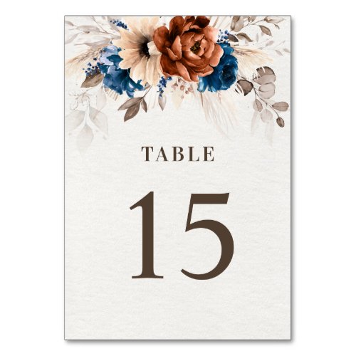 Terracotta Navy Blue Pampas Grass Rustic Wedding Table Number