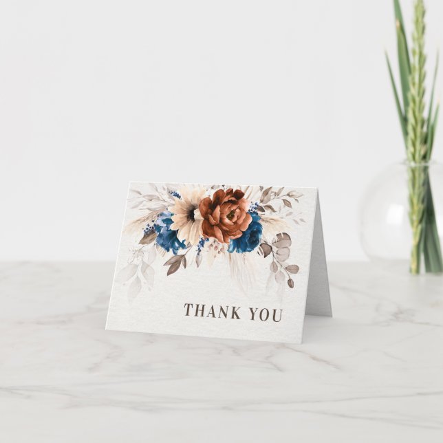 Terracotta Navy Blue Pampas Grass Rustic Wedding Thank You Card (Front)