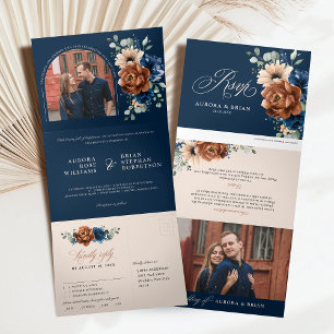 Terracotta Navy Blue Pampas Grass Rustic Wedding Tri-Fold Announcement