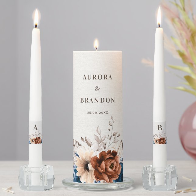 Terracotta Navy Blue Pampas Grass Rustic Wedding Unity Candle Set (In Situ)