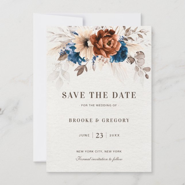 Terracotta Navy Blue Pampas Grass Save the date (Front)