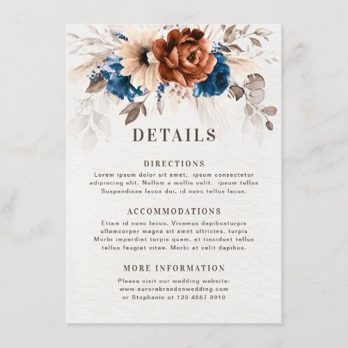 Terracotta Navy Blue Pampas Grass Wedding Details  Enclosure Card