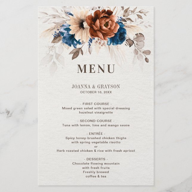 Terracotta Navy Blue Pampas Grass Wedding  Menu (Front)