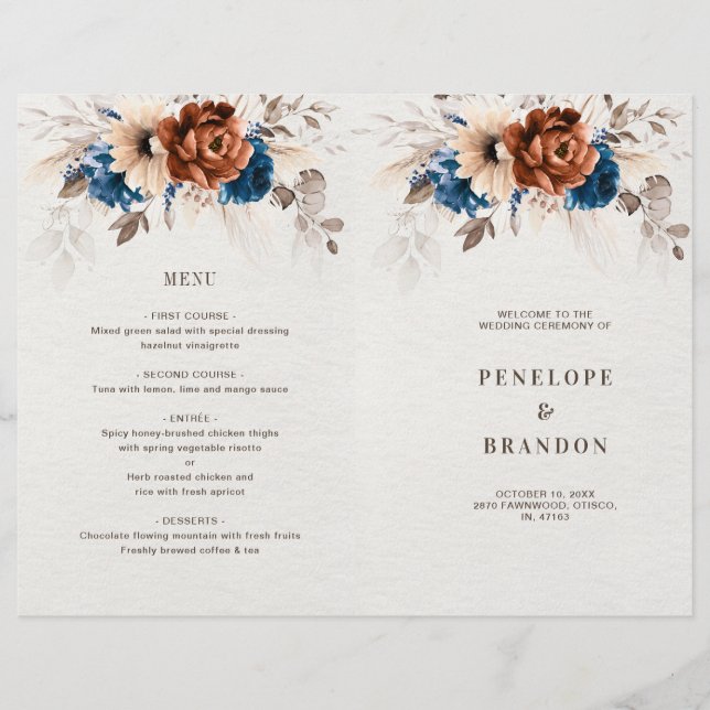 Terracotta Navy Blue Pampas Grass Wedding Program (Front)