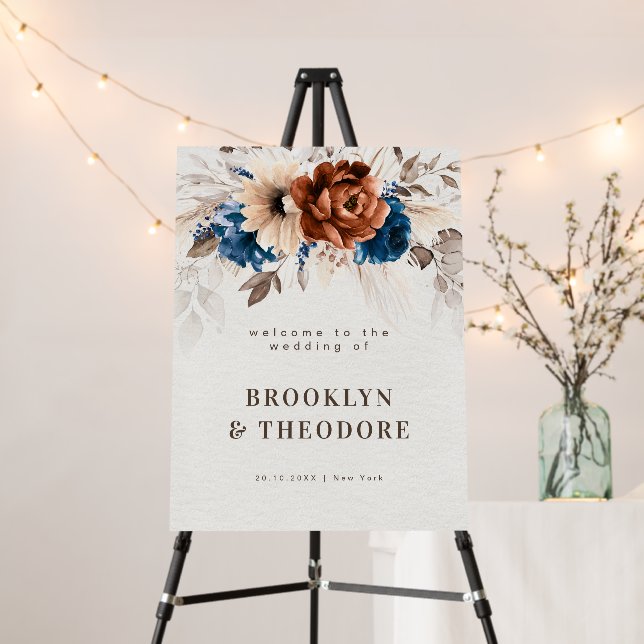 Terracotta Navy Blue Pampas Grass Wedding Welcome  Foam Board (In Situ (Stand))