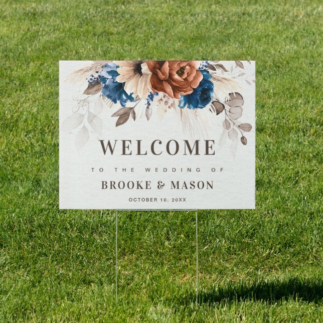 Terracotta Navy Blue Pampas Grass  Wedding Welcome Sign (Insitu)