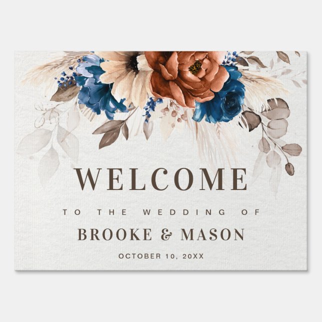 Terracotta Navy Blue Pampas Grass  Wedding Welcome Sign (Back)