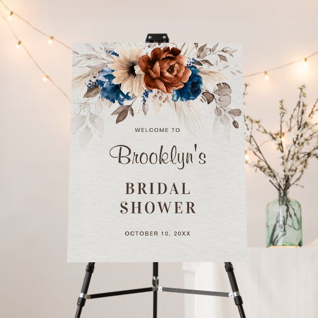 Terracotta Navy Blue Rustic Bridal Shower Welcome Foam Board (In Situ (Stand))