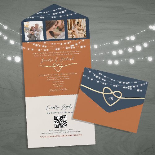 Terracotta Navy Blue String Lights Wedding QR Code All In One Invitation