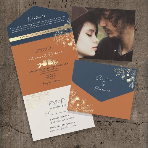 Terracotta Navy Blue Wedding All In One Invitation