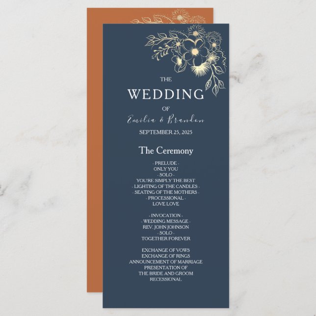 Terracotta Navy Blue Wedding Program (Front/Back)