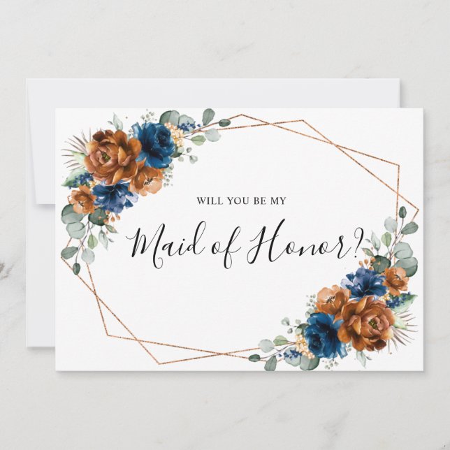Terracotta Navy Blue Will You Be My Maid of Honor Invitation (Front)