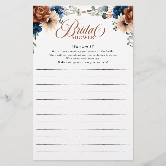 Terracotta Navy Bridal Shower Game Who am I (Front)