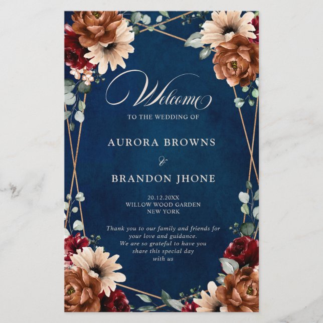 Terracotta Navy Burgundy Geometric Wedding Program (Front)
