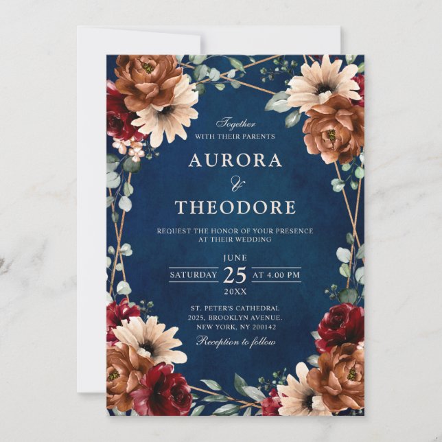 Terracotta Navy Burgundy Red  Geometric Wedding  Invitation (Front)