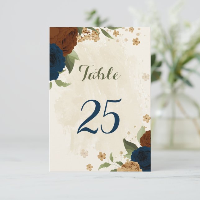 terracotta navy floral table number card (Standing Front)