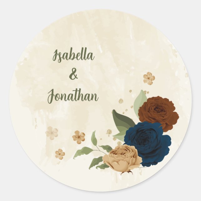 terracotta navy floral wedding classic round sticker (Front)