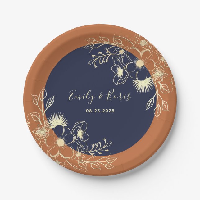 Terracotta Navy Floral Wedding Paper Plates (Front)