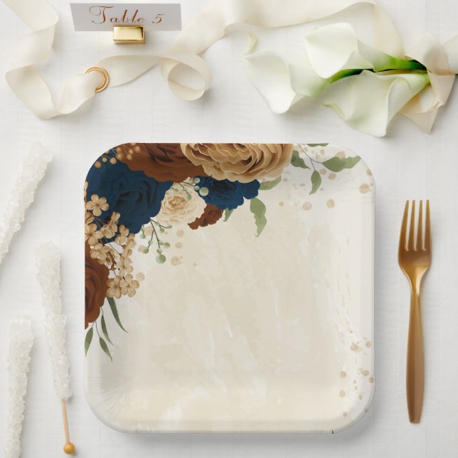terracotta navy floral wedding paper plates (Wedding)