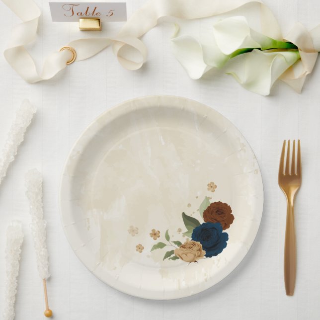 terracotta navy floral wedding paper plates (Wedding)