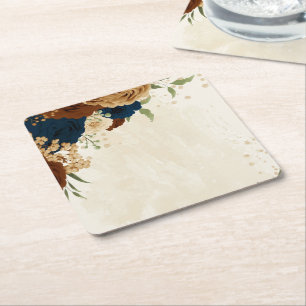 terracotta navy floral wedding square paper coaster