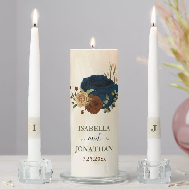 terracotta navy floral wedding unity candle set (In Situ)