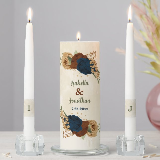 terracotta navy floral wedding unity candle set (In Situ)