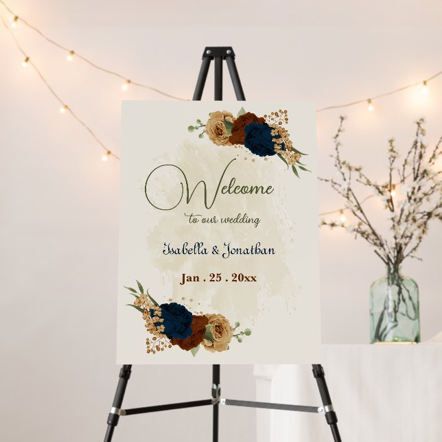 terracotta navy floral wedding welcome sign (In Situ (Stand))