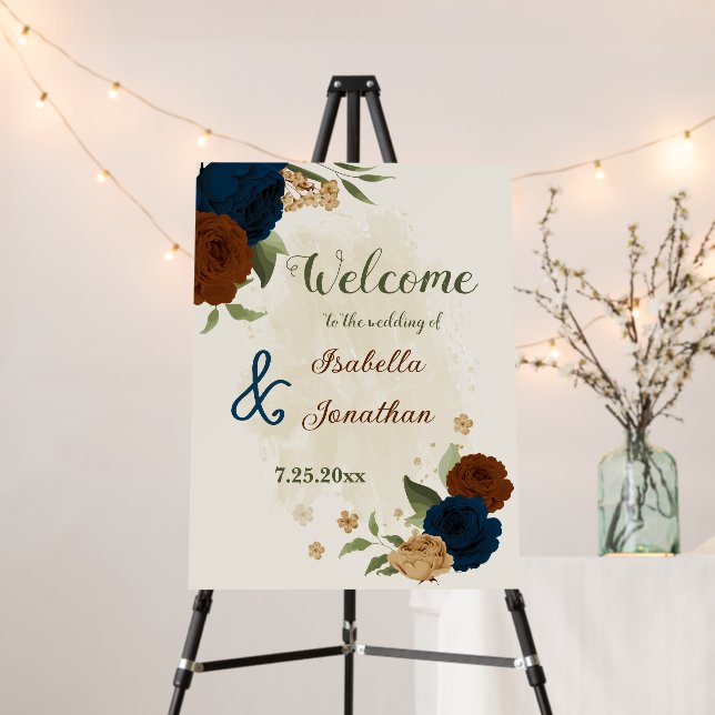 terracotta navy floral wedding welcome sign (In Situ (Stand))