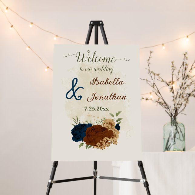 terracotta navy floral wedding welcome sign (In Situ (Stand))